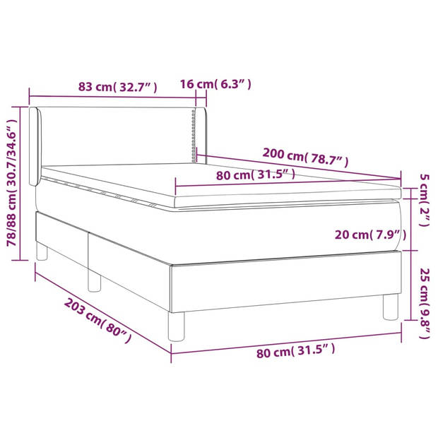 vidaXL Boxspring met matras fluweel lichtgrijs 80x200 cm