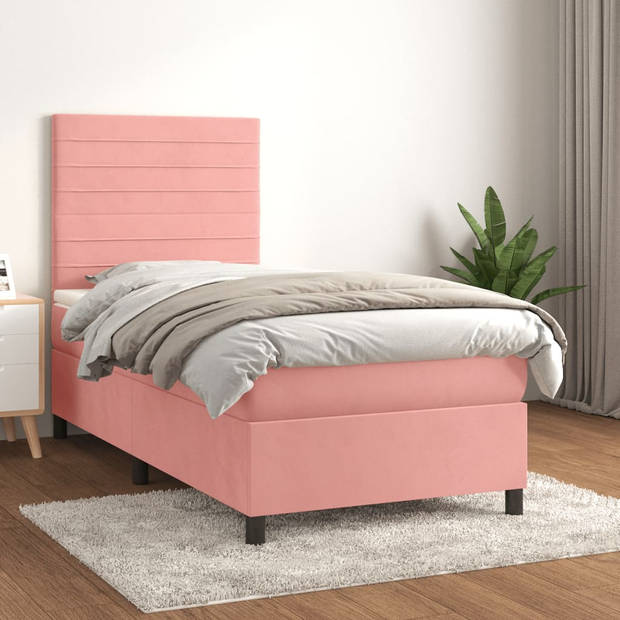 vidaXL Boxspring met matras fluweel roze 90x200 cm