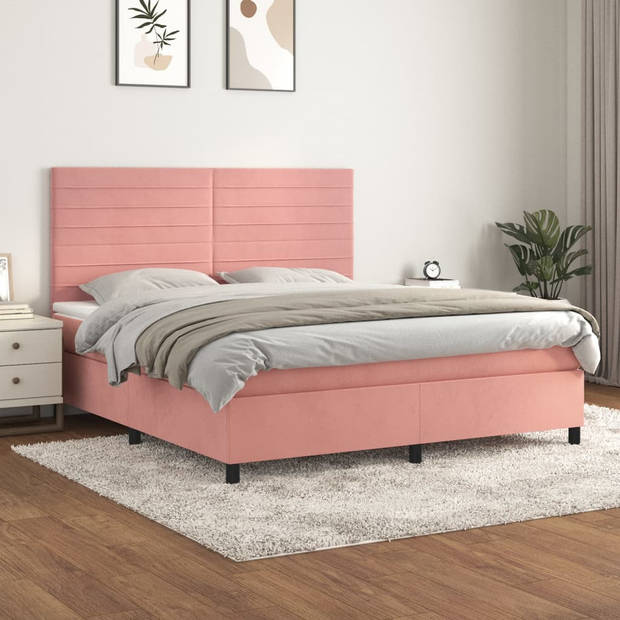 vidaXL Boxspring met matras fluweel roze 180x200 cm