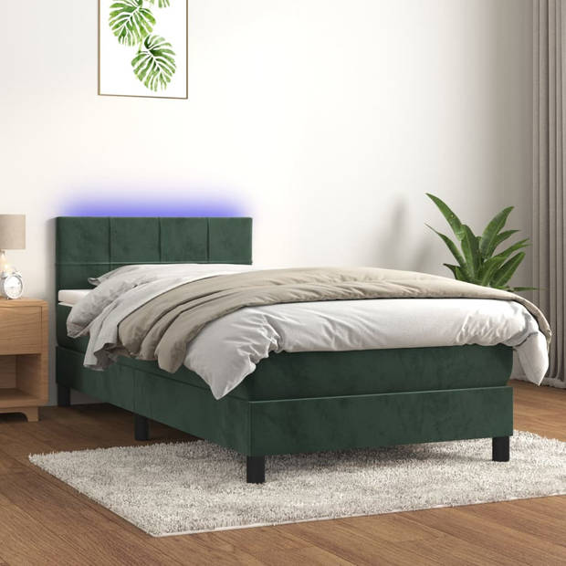 vidaXL Boxspring met matras en LED fluweel donkergroen 90x190 cm