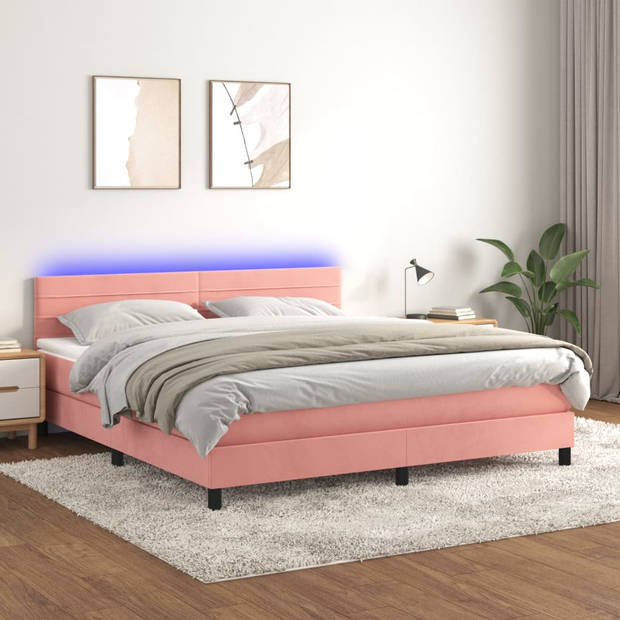 vidaXL Boxspring met matras en LED fluweel roze 180x200 cm