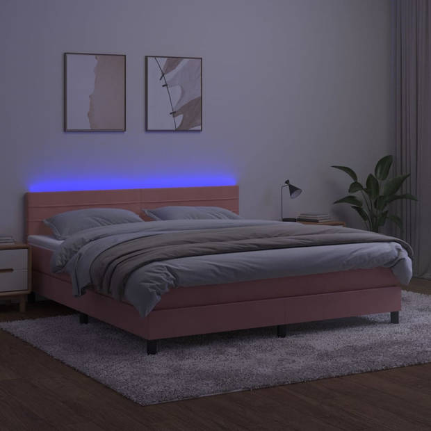 vidaXL Boxspring met matras en LED fluweel roze 180x200 cm