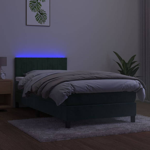 vidaXL Boxspring met matras en LED fluweel donkergroen 90x190 cm