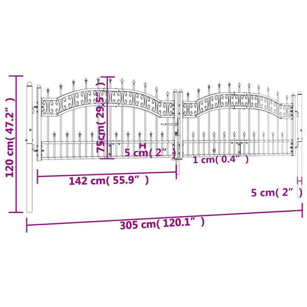 vidaXL Poort met spijlpunten 305x120 cm gepoedercoat staal zwart