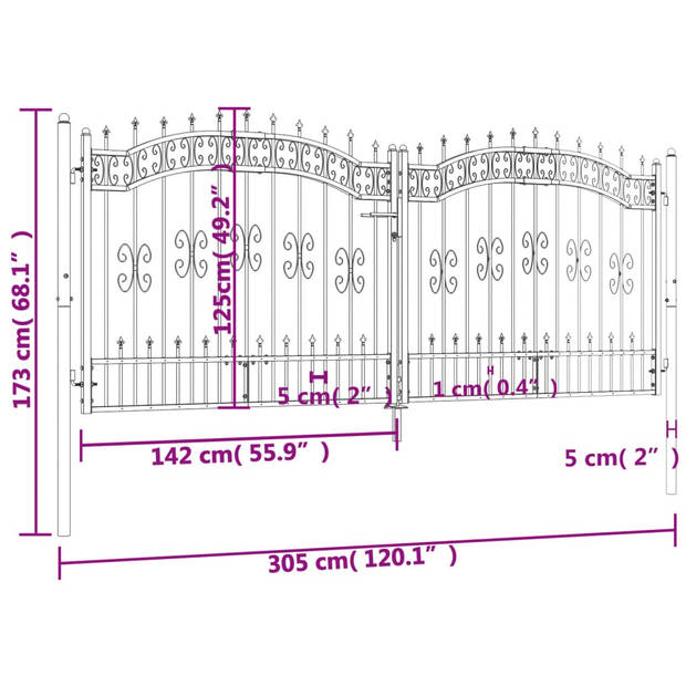 vidaXL Poort met spijlpunten 305x173 cm gepoedercoat staal zwart