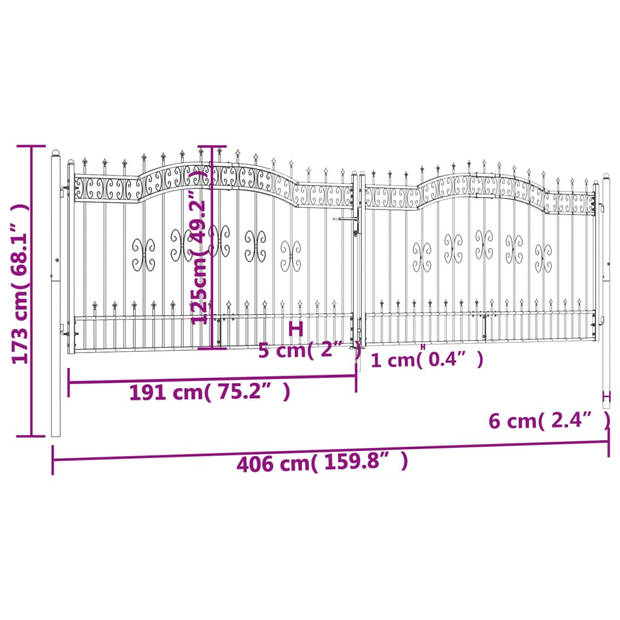 vidaXL Poort met spijlpunten 406x173 cm gepoedercoat staal zwart