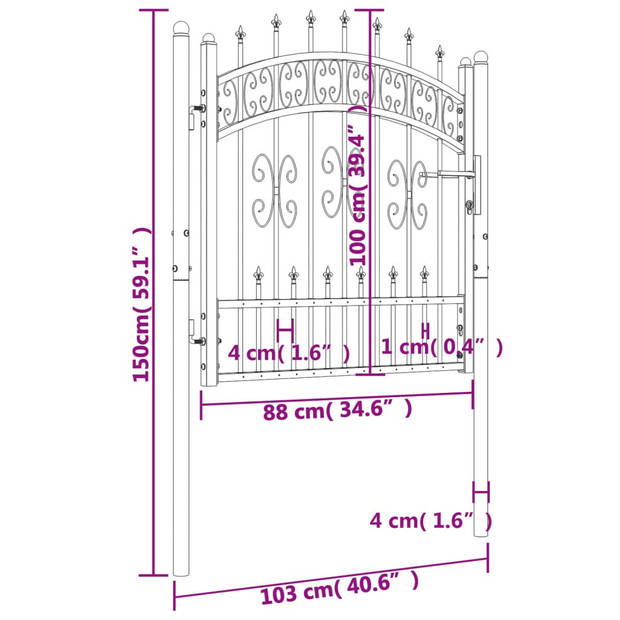 vidaXL Poort met spijlpunten 103x150 cm gepoedercoat staal zwart