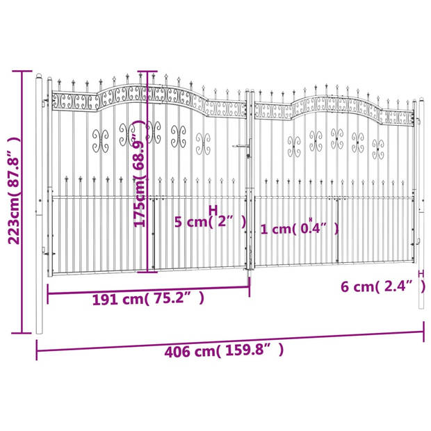 vidaXL Poort met spijlpunten 406x223 cm gepoedercoat staal zwart