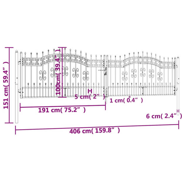 vidaXL Poort met spijlpunten 406x151 cm gepoedercoat staal zwart