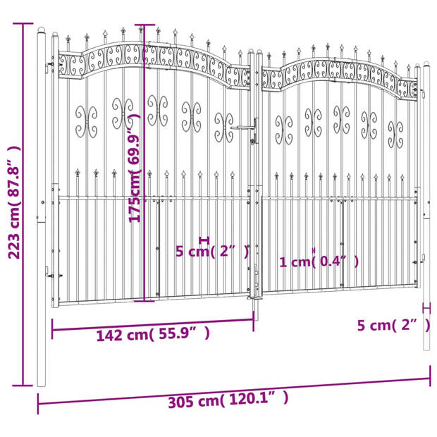 vidaXL Poort met spijlpunten 305x223 cm gepoedercoat staal zwart