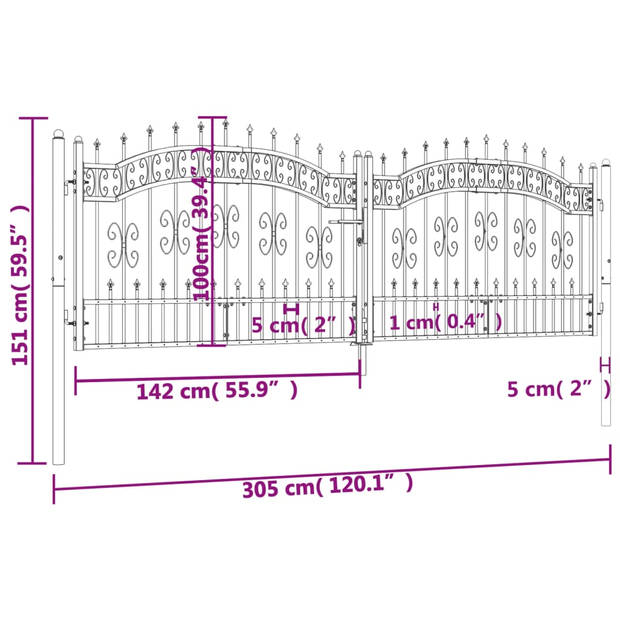 vidaXL Poort met spijlpunten 305x151 cm gepoedercoat staal zwart