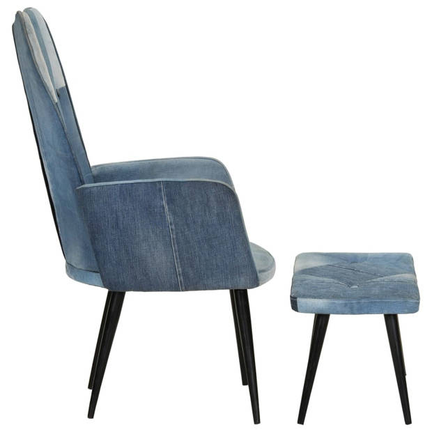 vidaXL Fauteuil met voetensteun patchwork canvas blauw denim