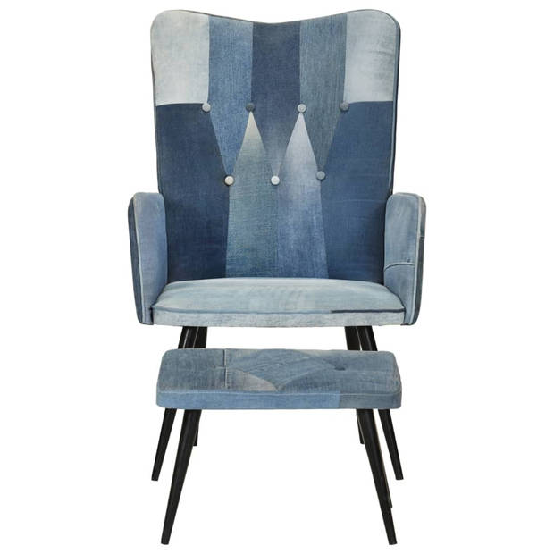 vidaXL Fauteuil met voetensteun patchwork canvas blauw denim