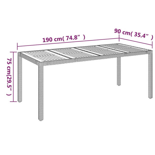 vidaXL Tuintafel met houten blad 190x90x75 cm poly rattan grijs