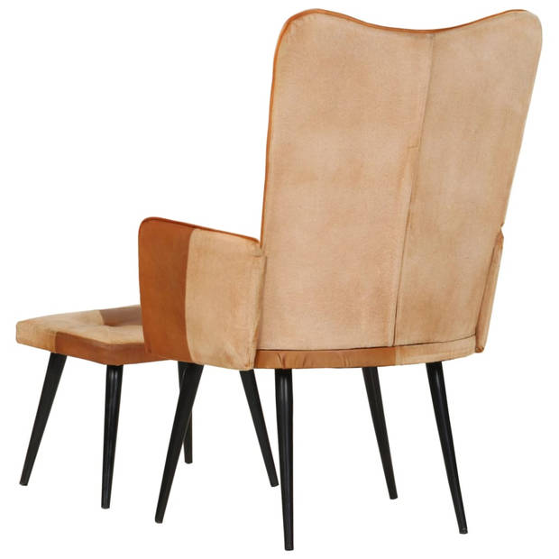 The Living Store Gestoffeerde Armstoel Bruin - Fauteuil en Voetenbank - 55x43x97cm - Echt Leer