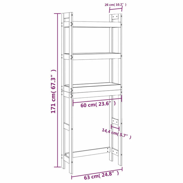 The Living Store Toiletrek - Massief grenenhout - Ruimtebesparend - 3 planken - Zwart - 63 x 26 x 171 cm