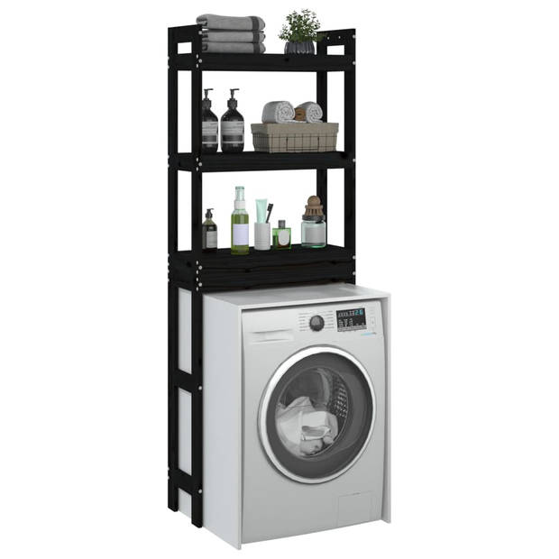 The Living Store Toiletrek - Massief grenenhout - Ruimtebesparend - 3 planken - Zwart - 63 x 26 x 171 cm