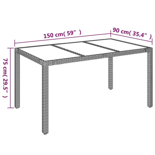 vidaXL Tuintafel met glazen blad 150x90x75 cm poly rattan grijs