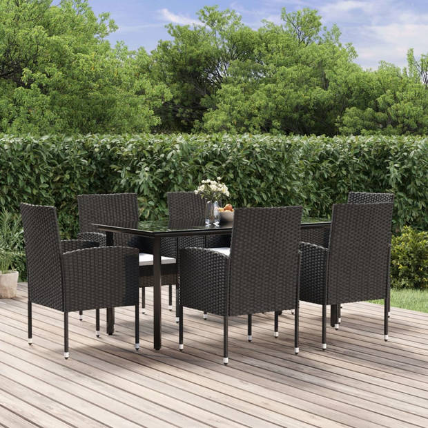 vidaXL 7-delige Tuinset met kussens poly rattan zwart