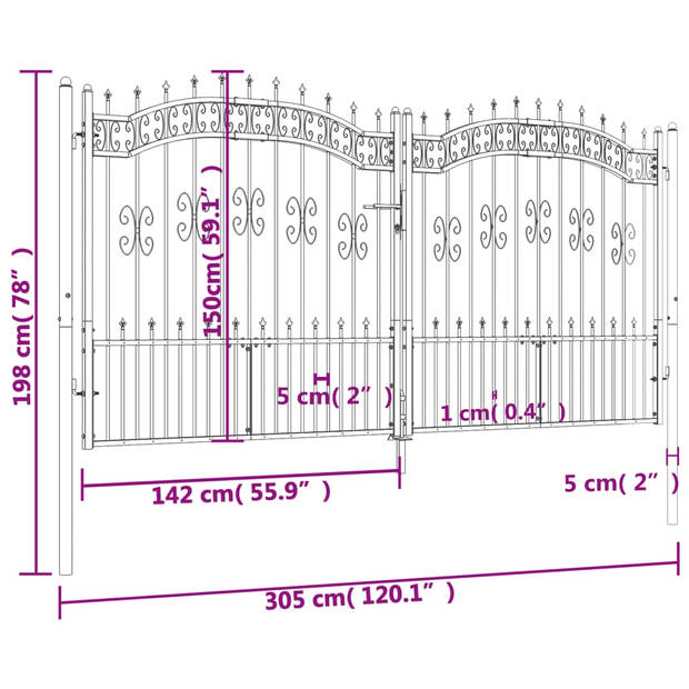 vidaXL Poort met spijlpunten 305x198 cm gepoedercoat staal zwart