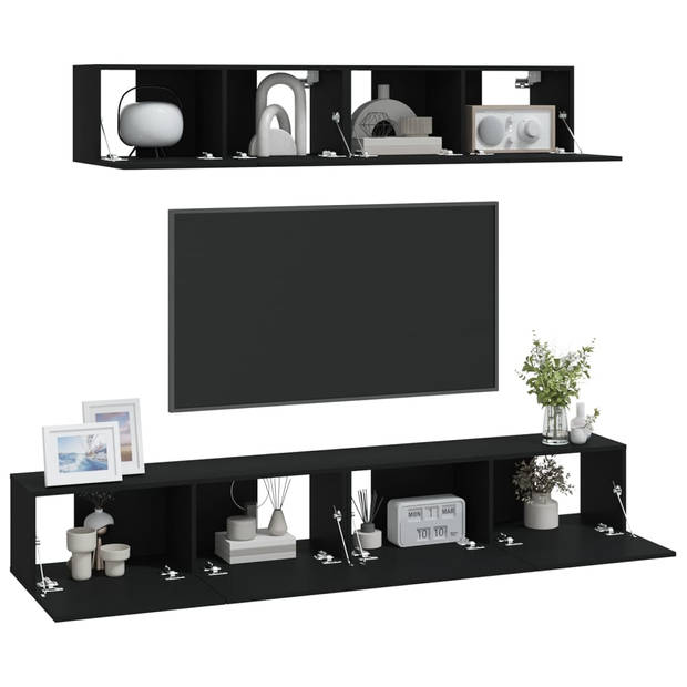 The Living Store Tv-meubelset Massief Hout - 60x30x30 cm + 80x30x30 cm - Zwart