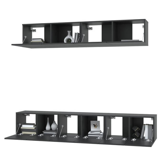 The Living Store Televisiemeubel Set - Zwarte bewerkte houten TV-kasten - Wandgemonteerd - Voldoende opbergruimte