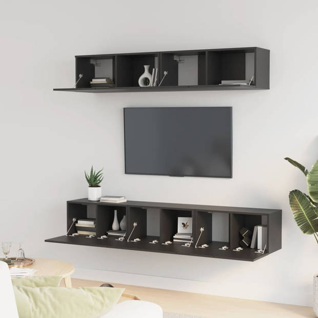 The Living Store Televisiemeubel Set - Zwarte bewerkte houten TV-kasten - Wandgemonteerd - Voldoende opbergruimte