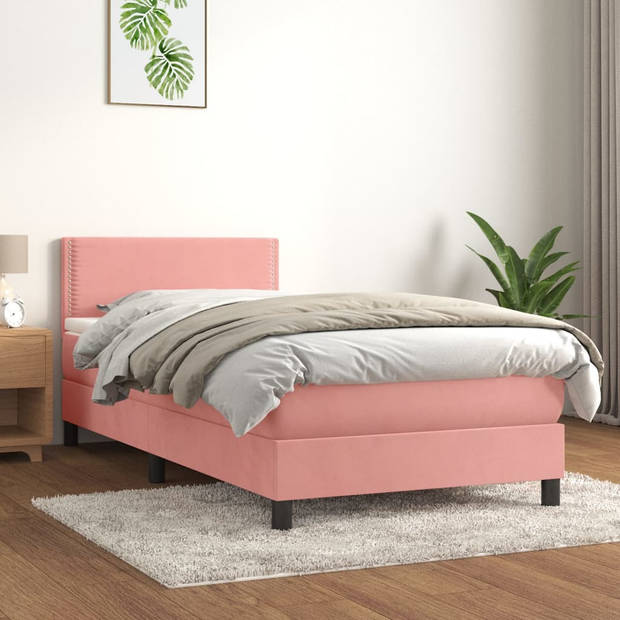 vidaXL Boxspring met matras fluweel roze 90x190 cm