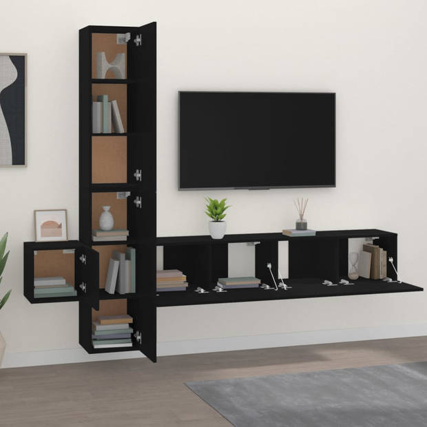 The Living Store TV meubelset - Klassiek ontwerp - Wandgemonteerd - Zwart - Bewerkt hout - 5-delig