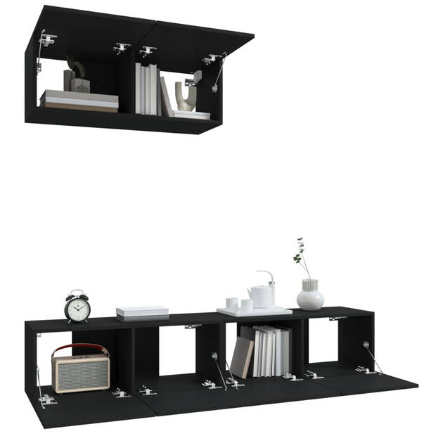 The Living Store TV-meubelset - zwart bewerkt hout - 80 x 30 x 30 cm (L x B x H) - 3 stuks