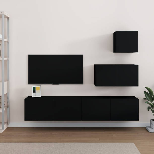 The Living Store TV-meubelset - Zwarte bewerkt hout - 30.5 x 30 x 30 cm / 60 x 30 x 30 cm / 80 x 30 x 30 cm (B x D x H)