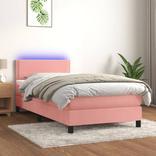 vidaXL Boxspring met matras en LED fluweel roze 80x200 cm