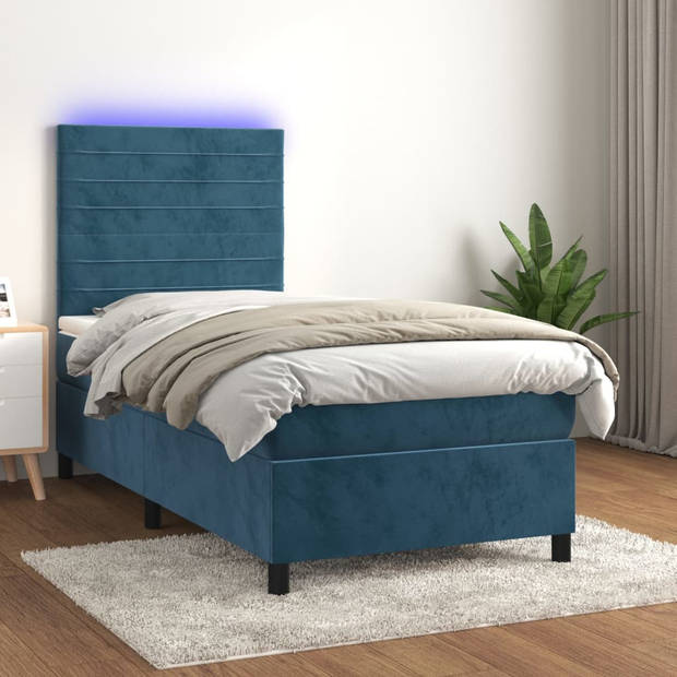 vidaXL Boxspring met matras en LED fluweel donkerblauw 90x190 cm