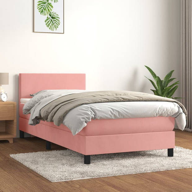 vidaXL Boxspring met matras fluweel roze 90x190 cm