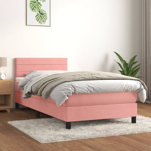 vidaXL Boxspring met matras fluweel roze 90x190 cm