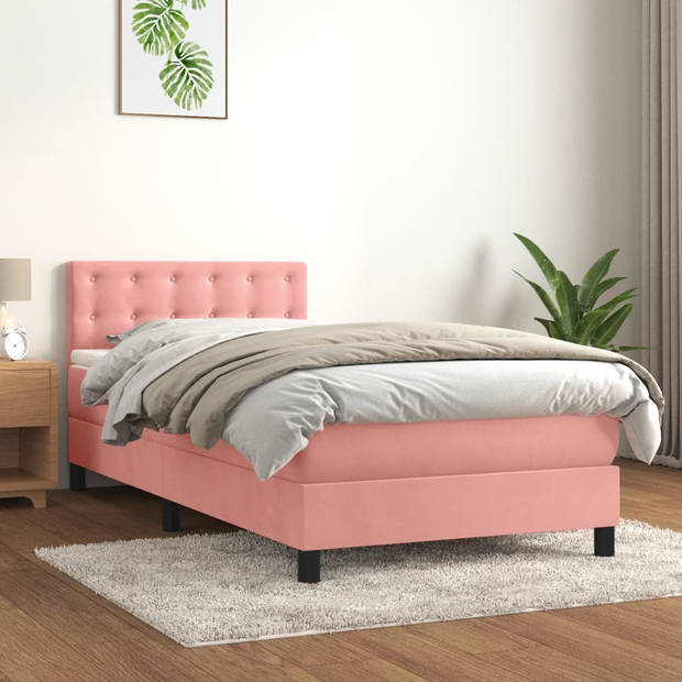 vidaXL Boxspring met matras fluweel roze 90x190 cm