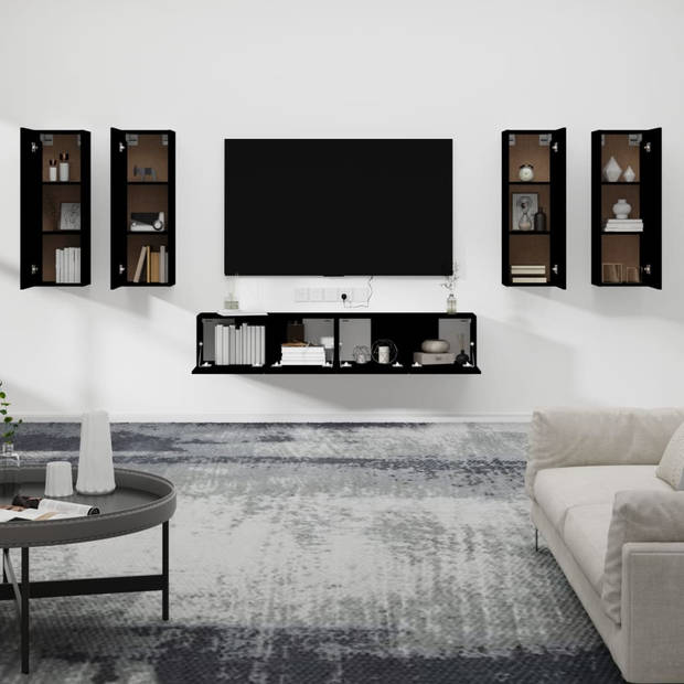 The Living Store TV-meubels - Klassieke Televisiekastenset - 6-delige set - zwart - bewerkt hout - verschillende
