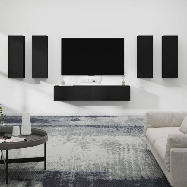 The Living Store TV-meubels - Klassieke Televisiekastenset - 6-delige set - zwart - bewerkt hout - verschillende