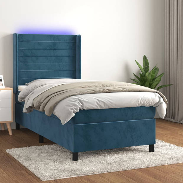 vidaXL Boxspring met matras en LED fluweel donkerblauw 90x200 cm