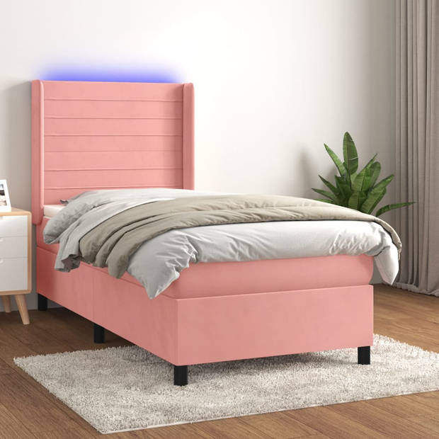 vidaXL Boxspring met matras en LED fluweel roze 90x200 cm