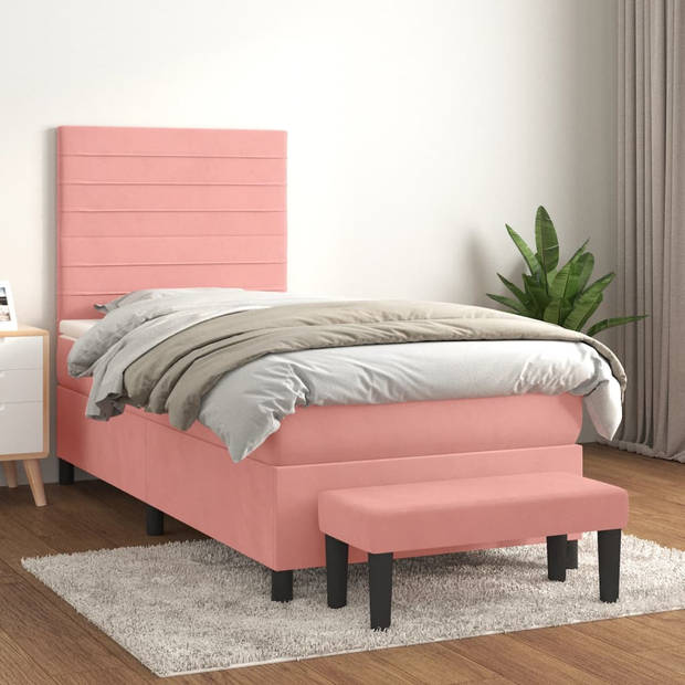 vidaXL Boxspring met matras fluweel roze 100x200 cm