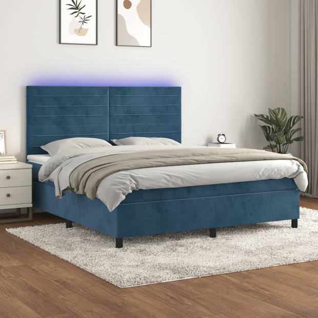 vidaXL Boxspring met matras en LED fluweel donkerblauw 180x200 cm