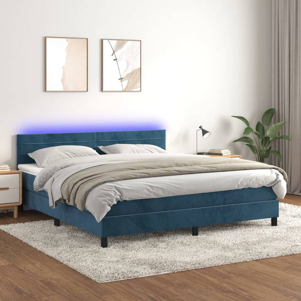 vidaXL Boxspring met matras en LED fluweel donkerblauw 180x200 cm