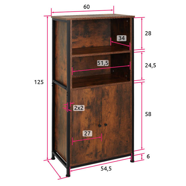 tectake® Highboard - Wandkast met 2 Open Vakken en Kast - 60 x 38 x 125 cm - Donkerbruine Boekenkast met Zwart Frame