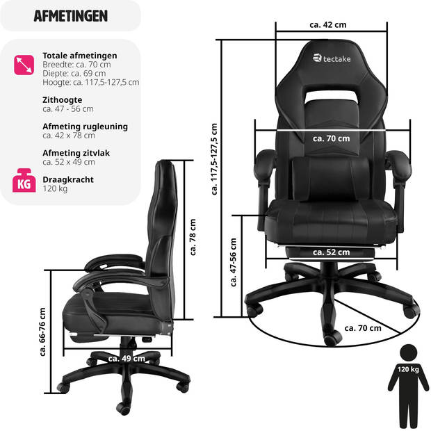 tectake - bureaustoel Comodo - gamestoel - zwart / zwart - 404740