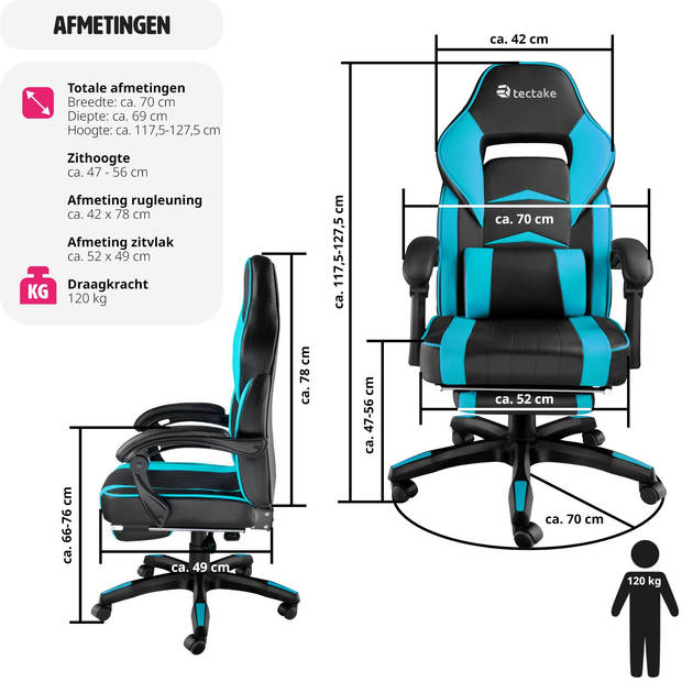 tectake - bureaustoel Comodo - gamestoel - zwart / azuurblauw - 404741