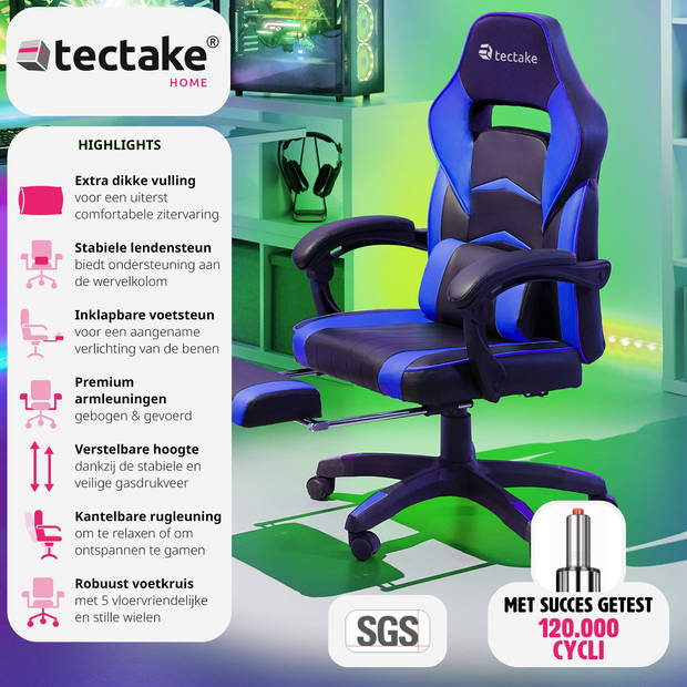 tectake - bureaustoel Comodo - gamestoel - zwart / blauw - 404743