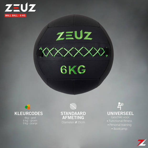 ZEUZ® Premium Wall Ball 6kg - Geschikt voor Crossfit & Fitness – PU Foam Vulling & Vinyl – 35 CM Diamter - Groen