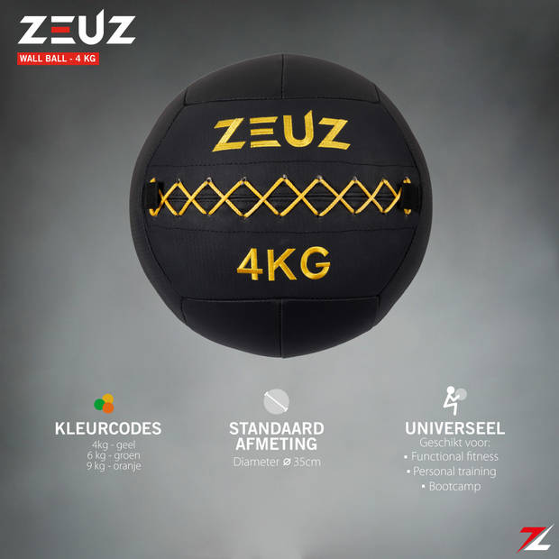 ZEUZ® Premium Wall Ball 4kg – Geschikt voor Crossfit & Fitness – PU Foam Vulling & Vinyl – 35 CM Diamter - Geel
