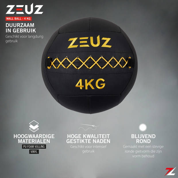 ZEUZ® Premium Wall Ball 4kg – Geschikt voor Crossfit & Fitness – PU Foam Vulling & Vinyl – 35 CM Diamter - Geel